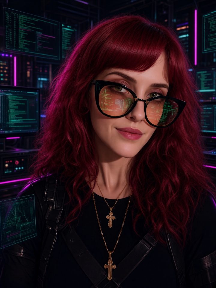 Portrait of Zero: long crimson hair, black cat-eye glasses reflecting lines of code, in front of glowing server screens